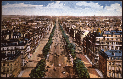 Geography. France. Paris. The avenue des Champs Elysees from the Arc de Triomphe. Postcard, France, 1924. (colour engraving)