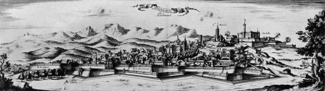 View of Pignerol where were Nicolas Fouquet (in charge of the finances for French king LouisXIV, from 1661 to 1680) and the iron mask, engraving by Cochin