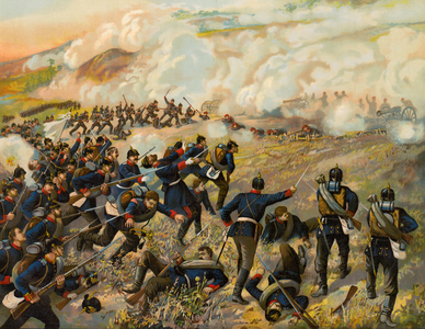 German infantry storming the heights of Spicheren, Battle of Spicheren, 1870 (chromolitho)