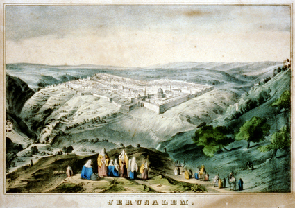 Bird's-eye view of Jerusalem showing it as a walled city sited on the top of a hill. 19th century (chromolithograph)