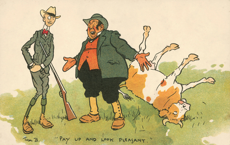 Man paying off a farmer whose cow he has just shot (colour litho)