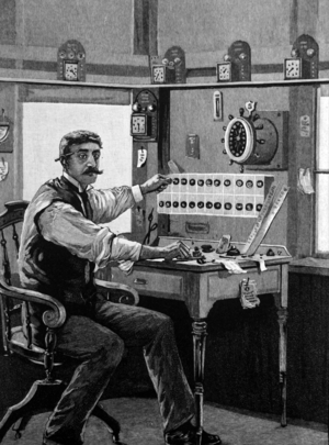 Train dispatcher using a Morse key to send message down the line on the railway telegraph system, 1891