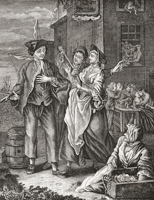 The Return of the sailor. Prostitutes proposition a returning sailor in a port city.  After an 18th century engraving in Illustrierte Sittengeschichte vom Mittelalter bis zur Gegenwart by Eduard Fuchs, published 1909.