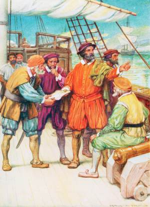 Magellan sighting the eastern entrance of the long sought strait (colour litho)