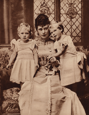 Princess Mary with her two sons, Prince Edward and Prince Albert, 1897-1898 (b/w photo)