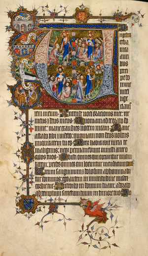 Historiated initial 'V'(irgine) at the Matins of the Office of the Dead: Noli me tangere, Christ showing his wounds to his disciples (John 20: 20), the incredulity of Thomas, Christ and his disciples praying. In the border, a tomb (perhaps the Earl of Arundel's), a grave with a shrouded corpse, two men putting treasure in a chest and the arms of England (before 1340) and the arms of Bohun