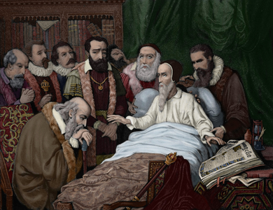 Last moments of Calvin (1509-1564) (coloured engraving)
