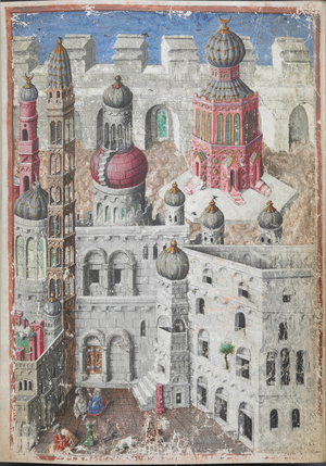 The view of Jerusalem with the Church of the Holy Sepulchre and the Dome of the Rock (added).