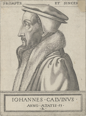 Jean Calvin (1509 - 1564), theologian and primary force in the Protestant Reformation, aged 53, 1562 (engraving)