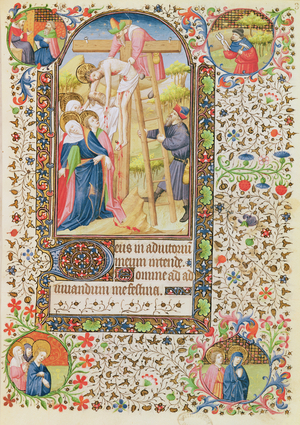 Ms 547 fol.32 The Descent from the Cross, from a Book of Hours used by a woman from Poitiers (vellum)