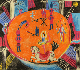 In the Arena are Flying Acrobats and a Female Acrobat on Horseback, 1979 (pastel on paper)
