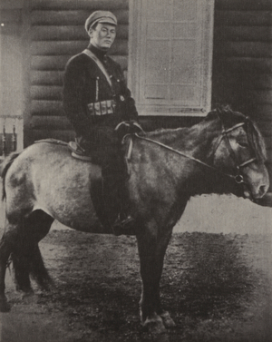 Sukhe-Bator, Commander-in-Chief of the Mongolian People's Army, Altan-Bulag, 1921 (b/w photo)