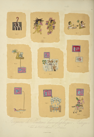 Fragments of Aztec hieroglyphic paintings, from the Codex Telleriano-Remensis, illustration from 'Vues des Cordillères et Monumens des Peuples Indigènes de l'Amérique' by Alexander von Humboldt and Aime Bonpland, 1813 (colour aquatint)