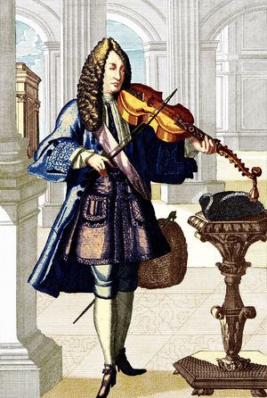 Man playing the viola d'amore (viol d'amour). Engraving by J.C. Weigel (1661-1726) from 'Musikalisches Theatrum' .  COLOURED VERSION.