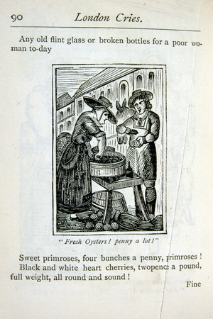 Illustration of a woman selling fresh oysters on the streets of London. Circa 1780