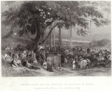 Runjeet Singh and his suwarree encamped under the banian tree on the River Sulley (engraving)
