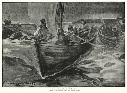 Smugglers towing a boat full of barrels (litho)