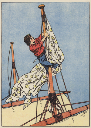 The boy volunteer pulls down the enemy's flag (colour litho)