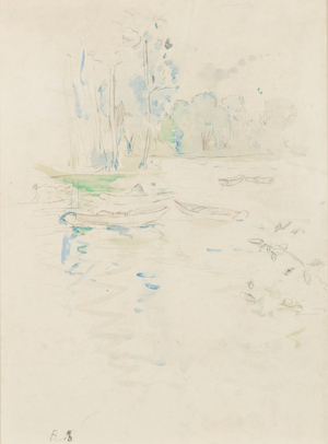 Boats on the lake in the Bois de Boulogne, (watercolour and pencil on paper)