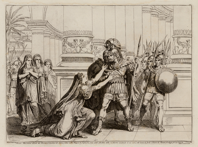 Massinissa deciding to make Sophonisba wis wife rather than a sleave of the Romans (etching)