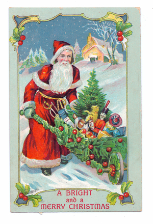 Edwardian Christmas postcard of Father Christmas pushing a cart decorated with holly through the snow, c.1910 (colour litho)