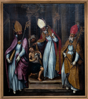 Three bishops healing a possessed man, 1620 (oil on canvas)