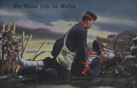 The Sun set in the west: a German soldier comforting his dying comrade on the battlefield (coloured photo)
