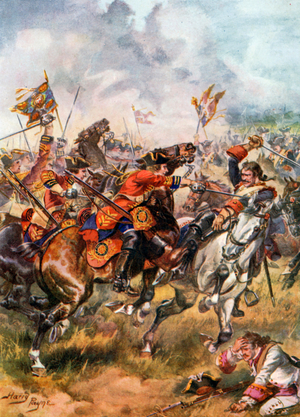 Charge of the Third Dragoons. Battle of Dettingen (colour litho)