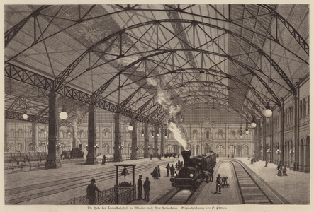 Hall of the main railway station in Munich, Germany (engraving)