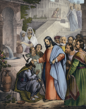 Jesus gives sight to one born blind (coloured engraving)