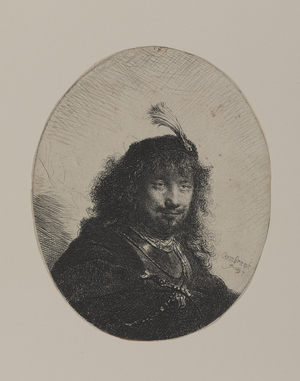 Rembrandt with Plumed Cap and Lowered Sabre, 1634 (etching on laid paper)