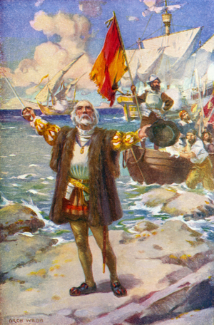 The Landing of Christopher Columbus (colour litho)