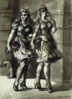 Two Young Women Walking, 1944 (brush and ink wash and watercolour on paper)