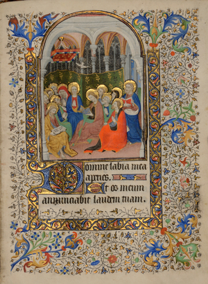 Ms 33 fol.111r Young Christ Preaching in the Temple, from the 'Heures de Nostre Dame', c.1430 (gouache, bodycolour & gilding on vellum)