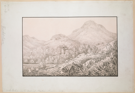 A rocky landscape with Knockdolian Castle in the middle ground; trees and hills throughout the scene