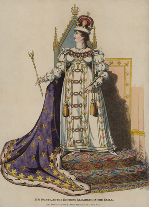 English actress Harriet Faucit as the Empress Elizabeth in The Exile (coloured engraving)
