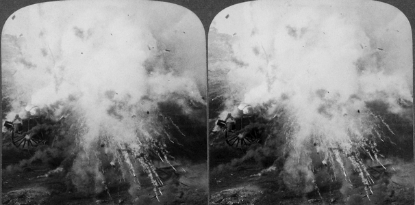 An ammunition wagon exploding, 1900