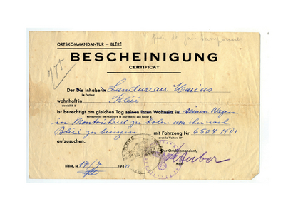Bescheinigung Bléré Indre-et-Loire, 1940 (document)