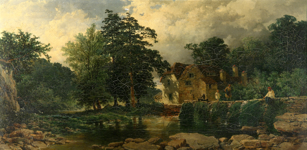 Landscape with river and boy fishing (oil on canvas)