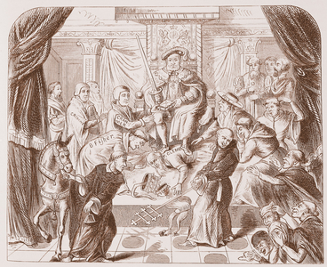 Allegorical picture of Henry VIII trampling on Pope Clement, from an old print in the British Museum (litho)