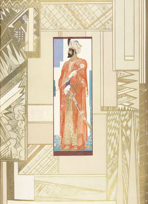 Man in a turban, with modern design surround, 1927 (coloured engraving)