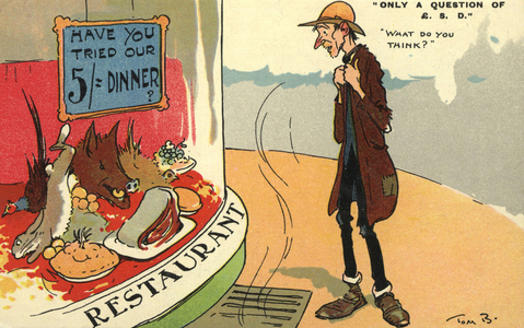 Tramp looking in a restaurant window (colour litho)