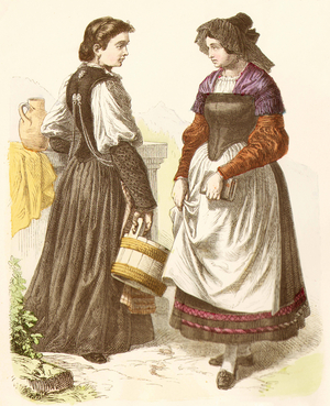 Swiss traditional costumes, 19th century (copper plate print)