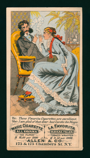 Advertising card for Allen & Co cigarettes, New York (colour litho)