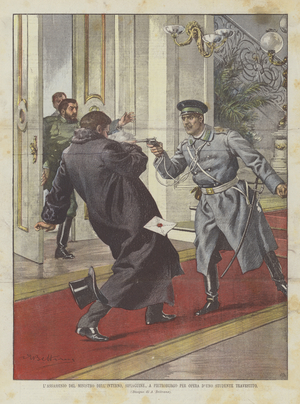 The Murder Of The Interior Minister, Sipiaguine, In Petersburg By A Disguised Student (Colour Litho)