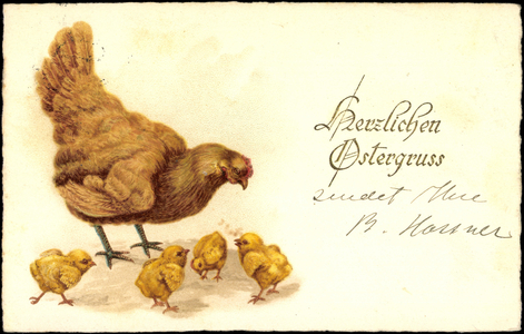 Embossing congratulations Easter, hen with her chicks