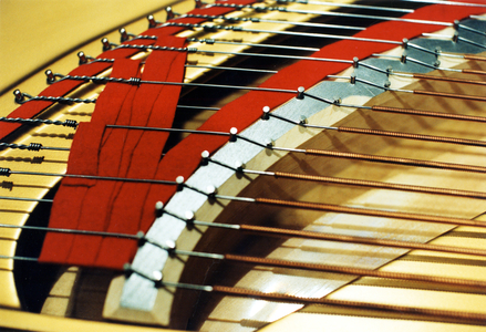 INSTRUMENTS - KEYBOARD - PIANO - GRAND Interior view of strings and pins and soundboard and felt. Barbican 23. 05. 01