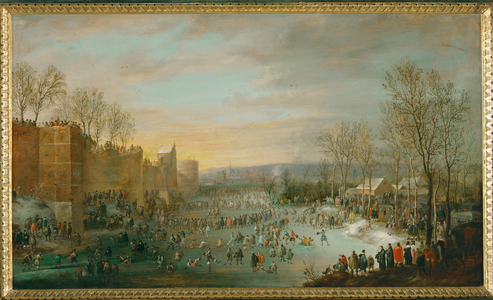Skating in the town-moat of Brussels, Belgium, Archduke Leopold Wilhelm, Governor, looking on from his coach (painting on oakwood)