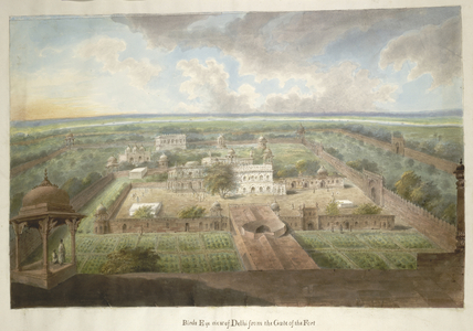 A view of the Red Fort Palace in Delhi (mostly imaginary) from the top of the Lahore Gate, with the river Jumna beyond