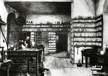 Michael Faraday (1791-1867) in his laboratory (engraving)